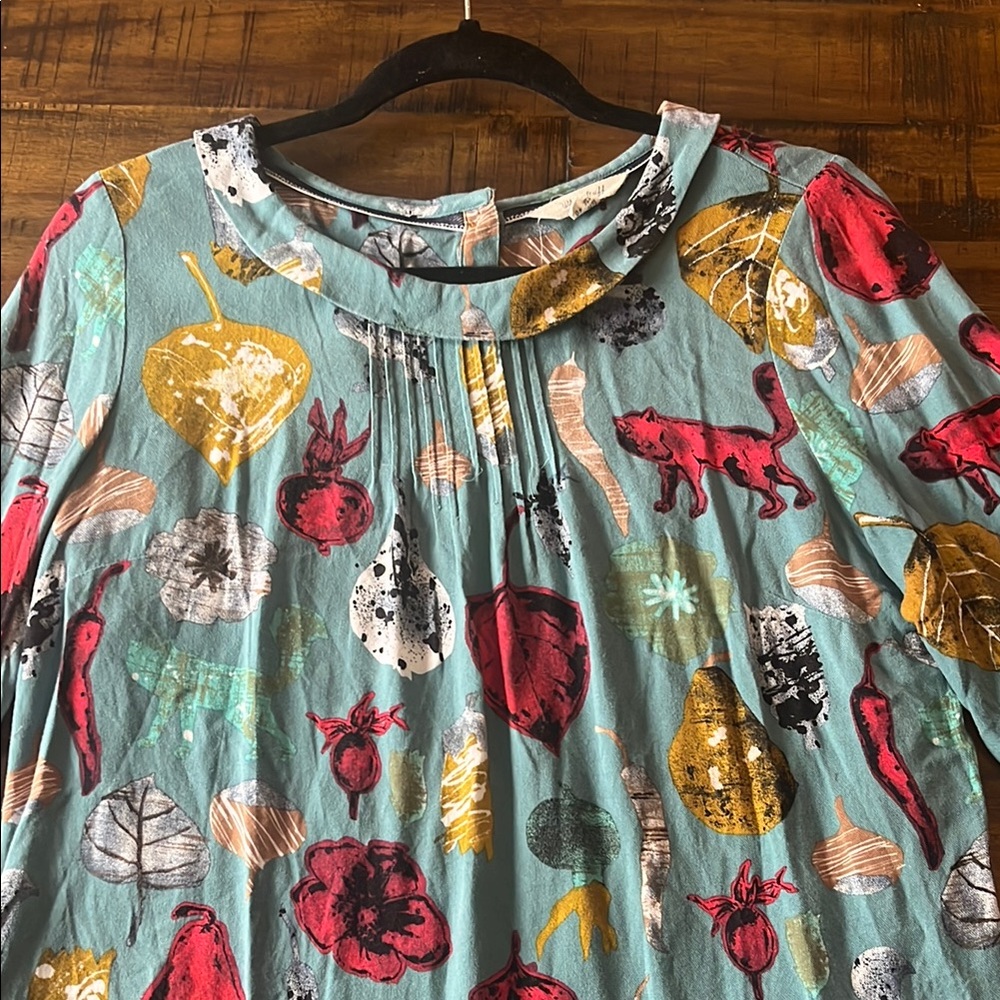 Colorful Animal and Fruit Print Anthropologie Blouse
